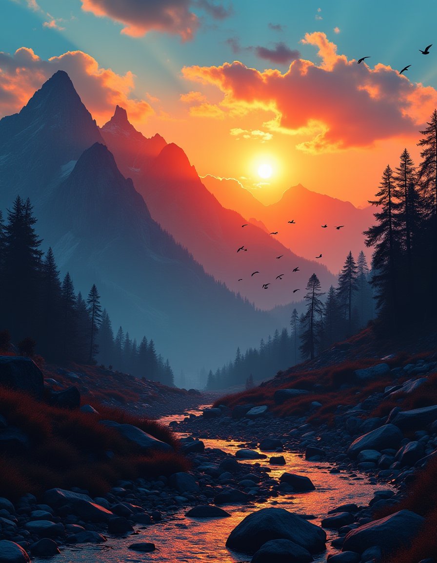 Mountain range, deep orange and red hues, clear blue sky, flock of birds flying, small stream, setting sun, long shadows, warm golden glow,  dramatic scene. <lora:风景:0.8>