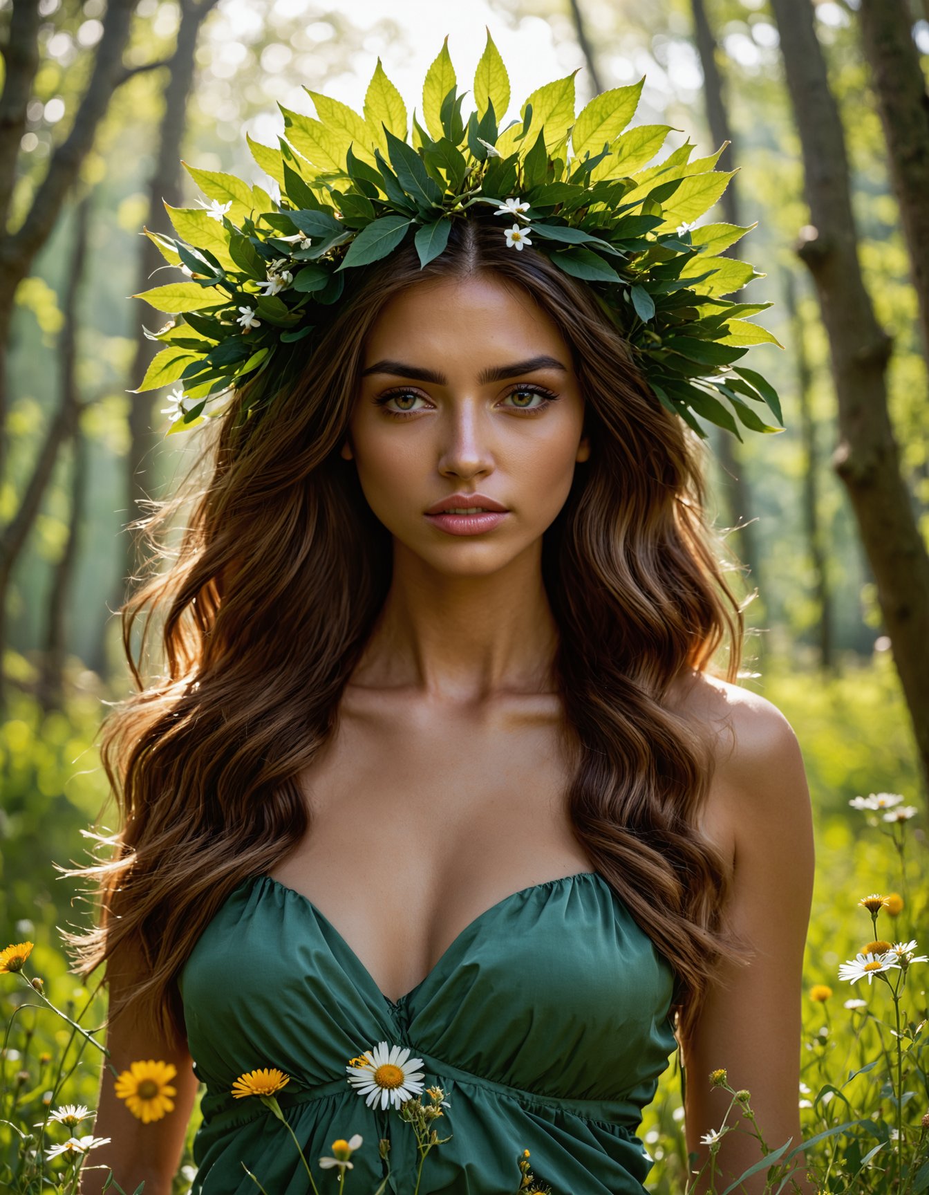 (best quality, 4k, 8k, highres, masterpiece:1.2), ultra-detailed, (realistic, photorealistic, photo-realistic:1.37), nature goddess, leaf body, portrait, greenery, wildflowers, breathtaking eyes, serene expression, graceful pose, ethereal beauty, luminous skin, flowing hair, elegant crown of leaves, soft natural light, vibrant colors, mythical essence, surreal atmosphere, dreamlike aura, harmonious connection with nature, enchanted forest.