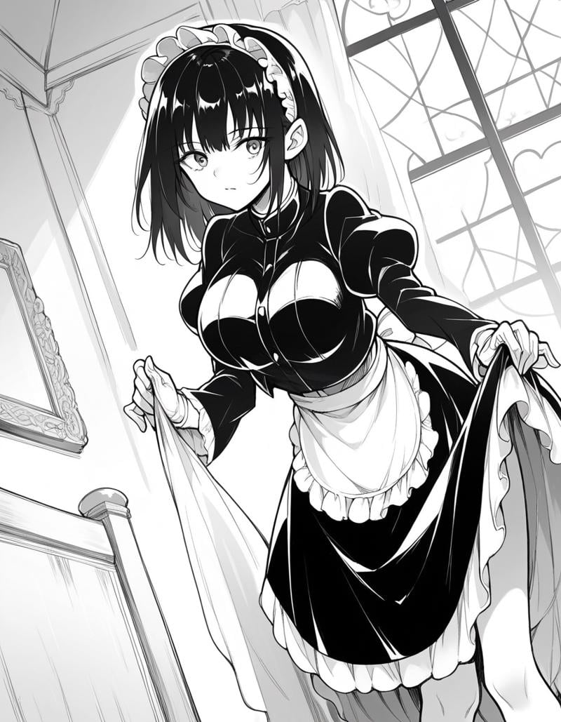 score_9, score_8_up, score_7_up, source_anime,tsubakirurikawa, <lora:tsubaki-rurikawa-manga-ponyxl-lora-nochekaiser:1>,tsubaki rurikawa, bangs, large breasts, monochrome, greyscale,skirt, gloves, long sleeves, dress, frills, puffy sleeves, white gloves, apron, maid, maid headdress, juliet sleeves, maid apron,indoors, bent over,looking at viewer, solo, cowboy shot, dutch angle,