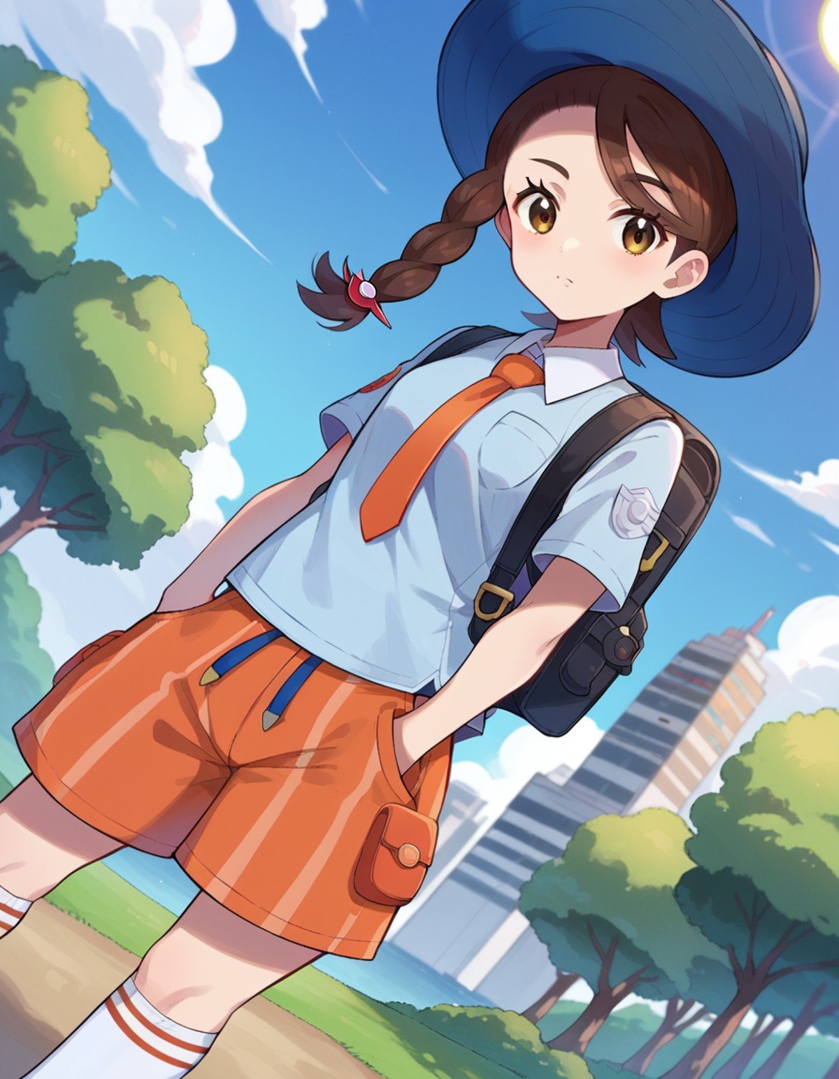 score_9, score_8_up, score_7_up, source_anime,pokemonjuliana, <lora:pokemon-juliana-ponyxl-lora-nochekaiser:1>pokemonjuliana, braid, brown eyes, brown hair, hair ornament, hairclip, side braid, single braid, swept bangs,backpack, bag, blue headwear, blue shirt, breast pocket, collared shirt, hat, kneehighs, naranja academy school uniform, necktie, orange necktie, orange shorts, pocket, school uniform, shirt, short sleeves, shorts, socks, striped, striped shorts, sun hat, white socks,outdoors, cityscape,looking at viewer, cowboy shot, dutch angle,