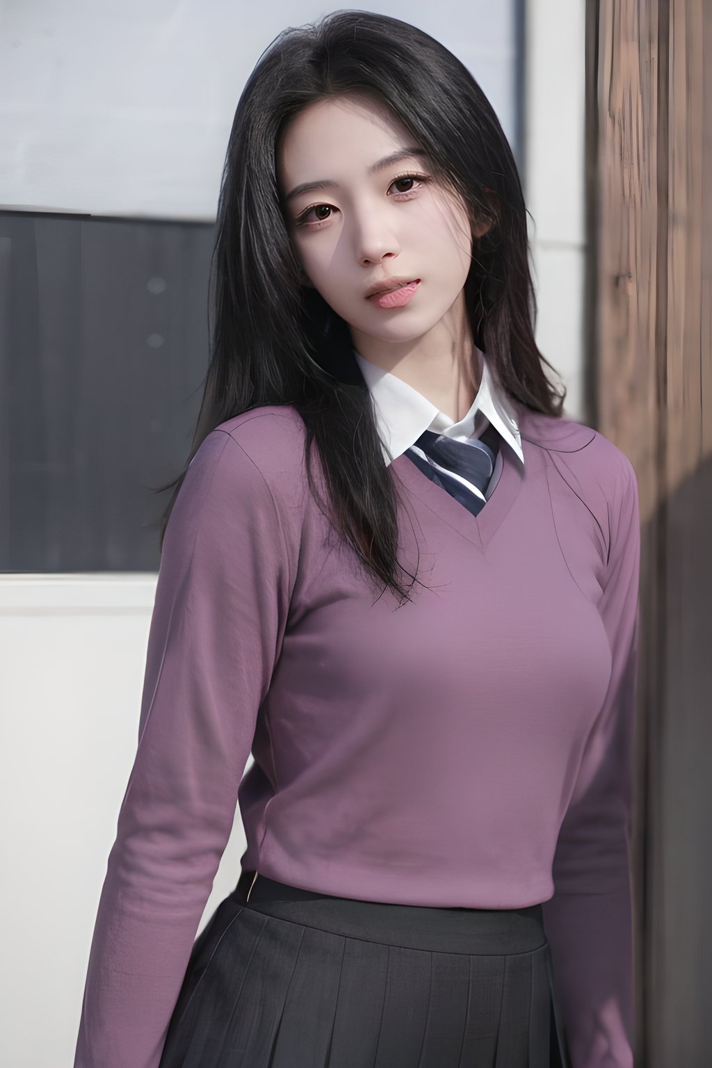 <lora:0830_10:0.7>,purple,kiyosumi_school_uniform,, 1girl,realistic,masterpiece, best quality, photorealistic, HDR,detail