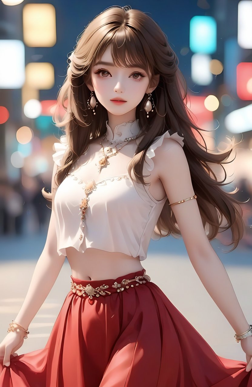 <lora:xiyu:0.6>1girl, solo, jewelry, long hair, skirt, earrings, red skirt, crop top, blurry background, brown hair, blurry, red shirt, midriff, bracelet, cowboy shot, looking at viewer, shirt, brown eyes, sleeveless, gem, bare shoulders, breasts, wavy hair, beads, sleeveless shirt, blush, standing, navel, bangs, frills, closed mouth, bokeh, curly hair