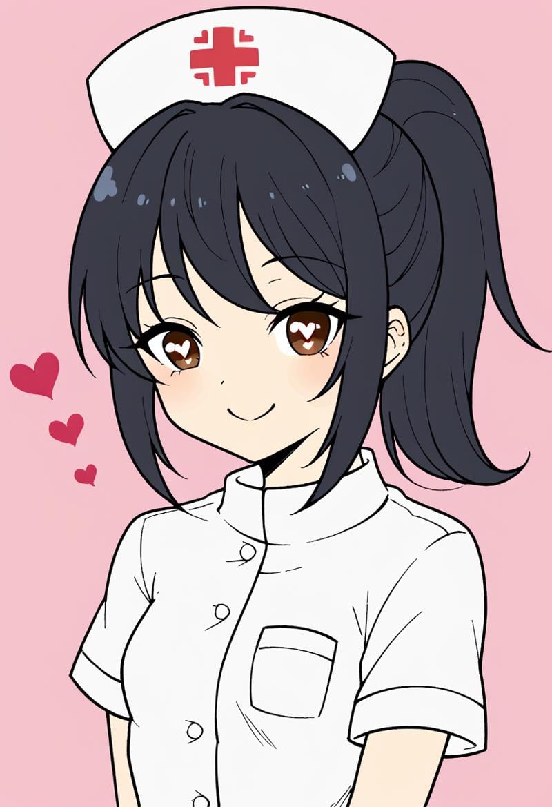 <lora:FlatColor:1.2> flat color, 1girl, solo, brown eyes, ponytail, black hair, heart pupils, small breasts, wearing a nurse outfit, nurse cap, upper body, smile, looking at viewer,simple background