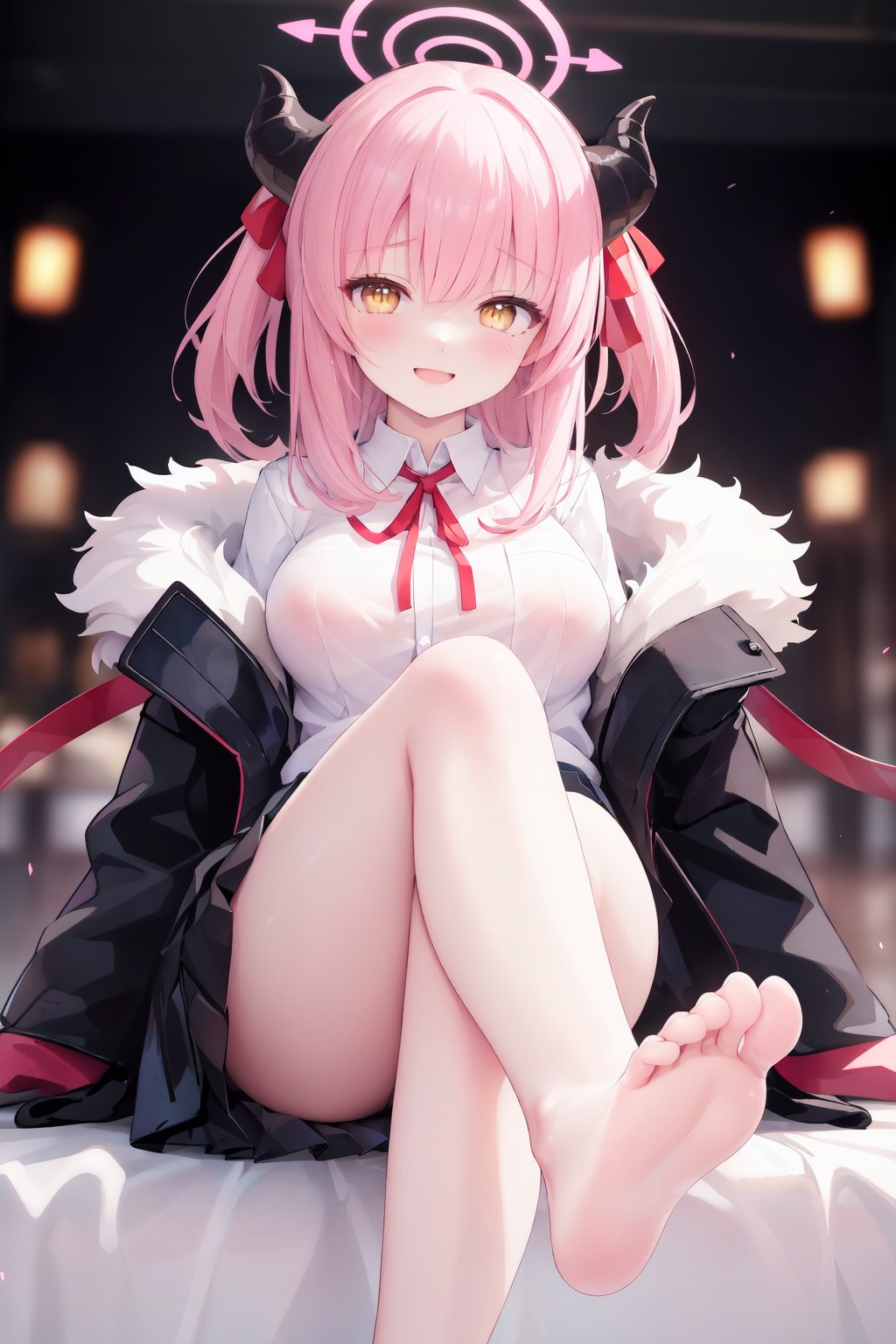 1girl, barefoot, feet, solo, soles, aru (blue archive), toes, foot focus, gloves, skirt, yellow eyes, shirt, sitting, pink hair, crossed legs, long hair, white gloves, white shirt, horns, looking at viewer, halo, fur trim, breasts, bare legs, bangs, foreshortening, black skirt, ribbon, legs, smile, long sleeves, red ribbon, coat, neck ribbon, blurry, fur-trimmed coat, blurry background