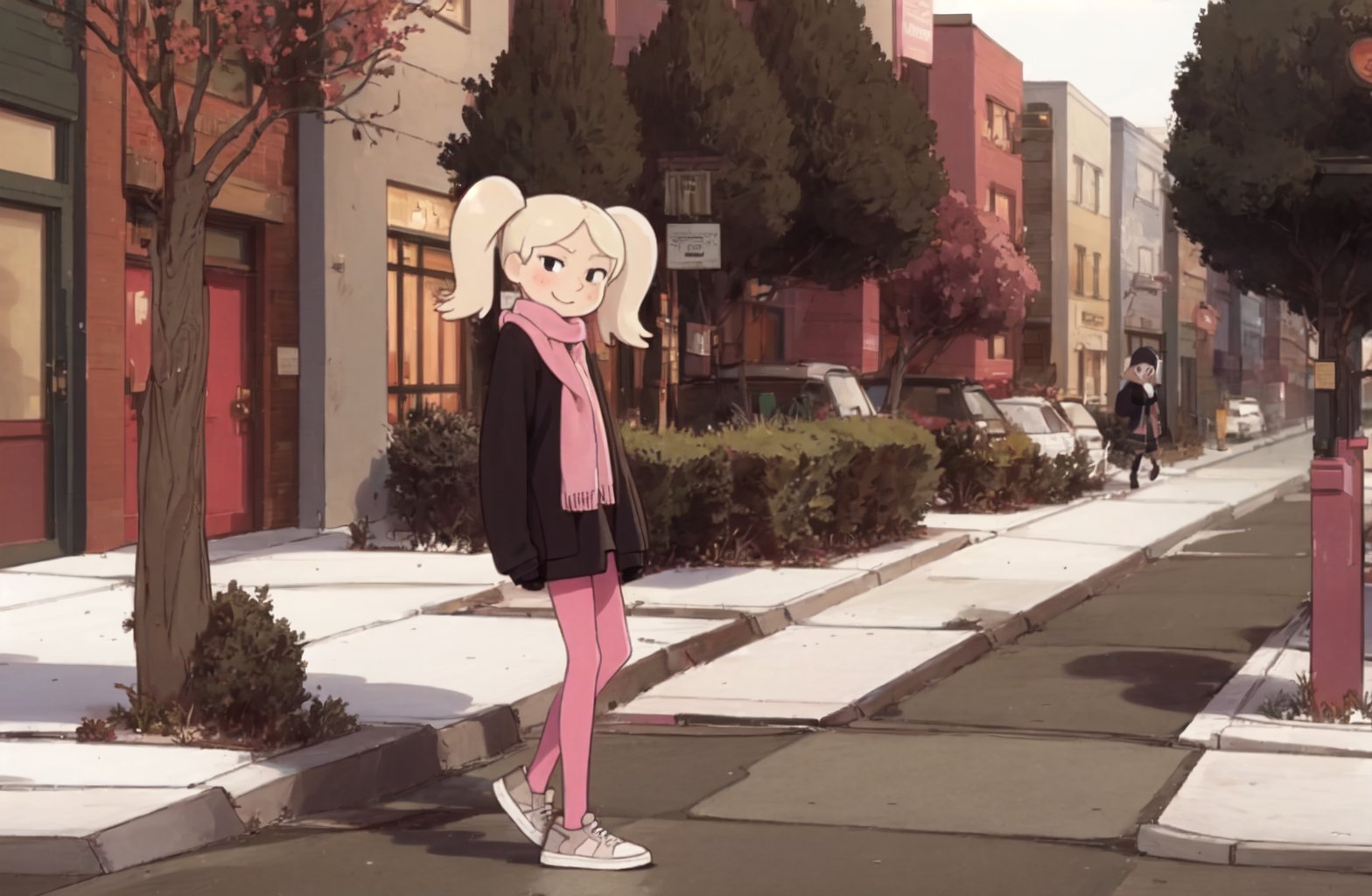 <lora:Marra SD1.5 V1-0:1> Marra, smile, blonde hair, flat chest, long sleeves, twintails, closed mouth, standing, blonde hair, pink pantyhose, outdoors, shoes, scarf, black footwear, black eyes, tree, sleeves past wrists, sneakers, sleeves past fingers, pink scarf, outdoors, street, (casual outfit)