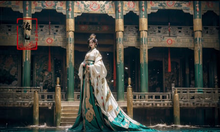 Dark and majestic Chinese palace background at night, waves and swirls of emerald color, a beautiful girl standing in the palace, the center of the sea, traditional Chinese costume jewelry,elaborate costumes, full body photos, traditional costumes, eye - catching details, the best quality，<lora:绪儿-皇宫 palace background:0.9>