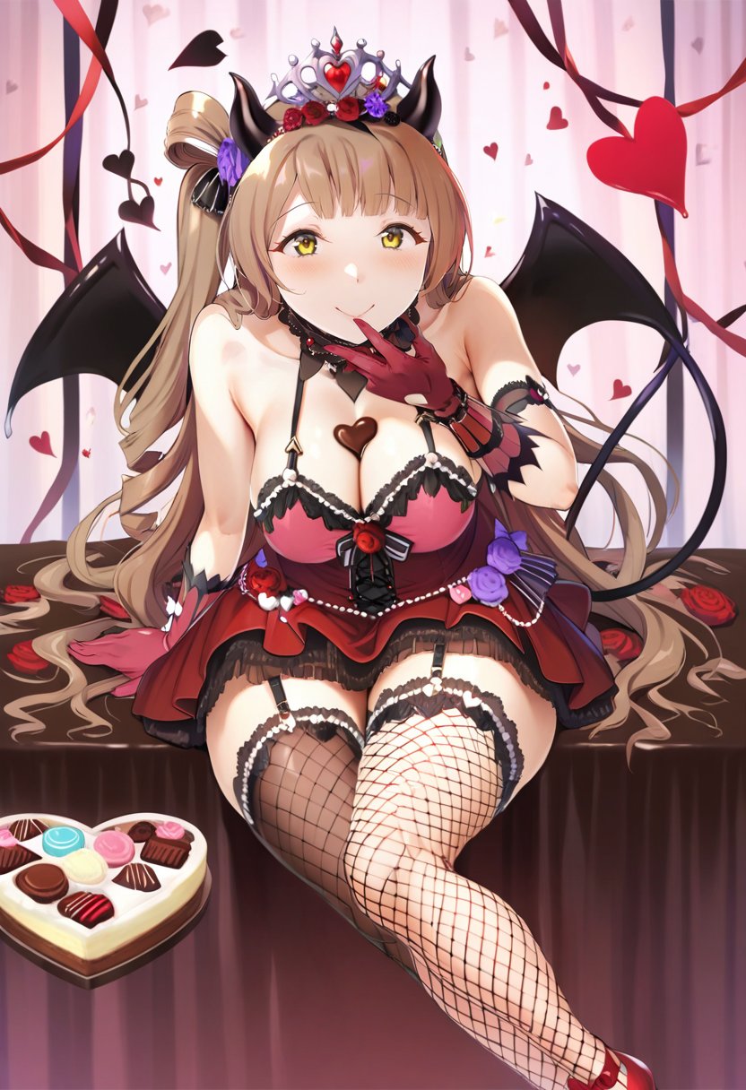 masterpiece, best quality,<lora:kitirokuXL_ANI31_lokr_V4236:0.95> 1girl, minami kotori, solo, demon tail, long hair, tail, thighhighs, fishnets, horns, gloves, fishnet thighhighs, breasts, wings, brown hair, garter straps, cleavage, chocolate, demon wings, demon horns, sitting, flower, tiara, smile, looking at viewer, yellow eyes, high heels, one side up, large breasts, dress, bare shoulders, heart, red gloves, demon girl, red footwear, rose, food, purple flower, jewelry, shoes, candy, medium breasts, valentine, skirt