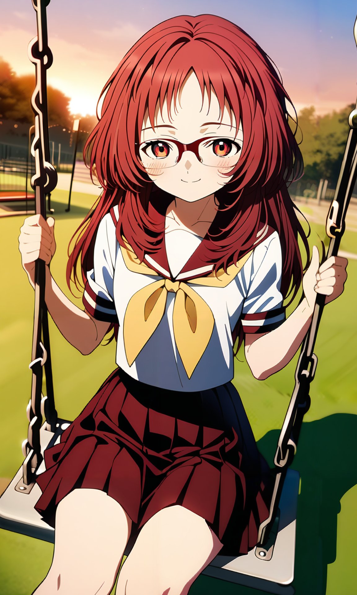 (masterpiece), (best quality), highres, general, (intricate details, very aesthetic), good hands, 1girl, <lora:ai_mie_AnimagineV1:1>, miewz, red eyes, glasses, red hair, long hair, serafuku, sailor collar, yellow neckerchief, white shirt, school uniform, red skirt, pleated skirt, swing, park, sunset, looking at viewer, dutch angle, smile, blush<lora:sd_xl_dpo_lora_v1:1>