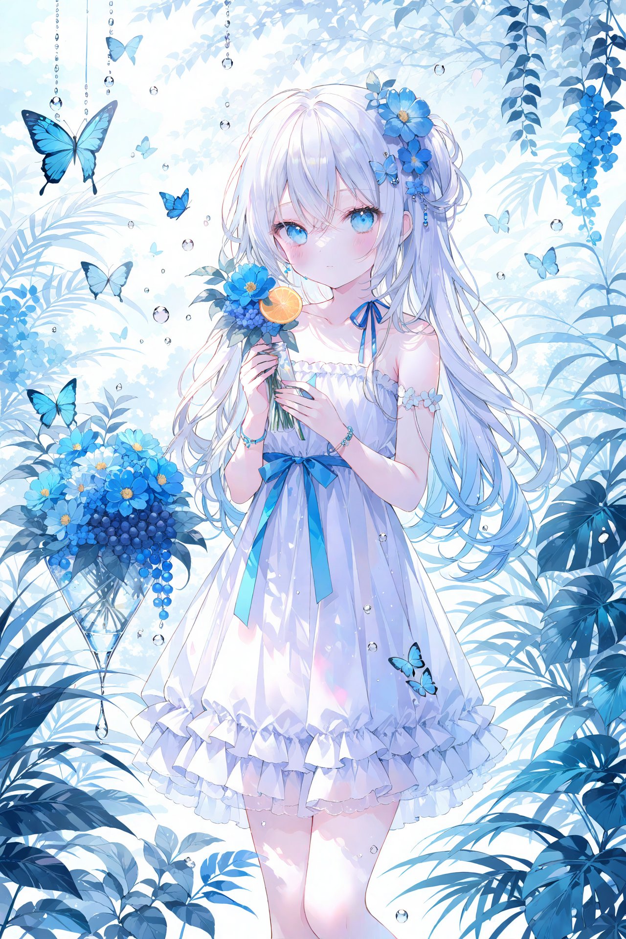 masterpiece,best quality,high quality,(colorful),Artist onineko,1girl,loli,flower,solo,hair ornament,dress,bug,butterfly,blue eyes,hair flower,long hair,holding,looking at viewer,blue flower,white dress,blue butterfly,bare shoulders,food,fruit,hair between eyes,strapless dress,strapless,jewelry,collarbone,white hair,blush,ribbon,standing,plant,closed mouth,bracelet,water drop,blue ribbon,leaf,