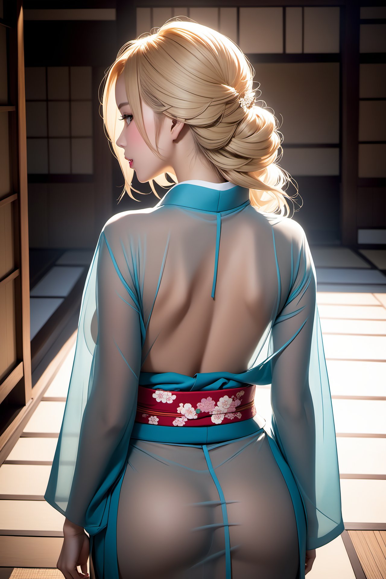 extremely high-quality,1girl,a beautiful face,see-through,japanese clothes,turn_one's_back,cowboy_shot,<lora:lbc_ST_japanese_clothes_XL:0.8>,