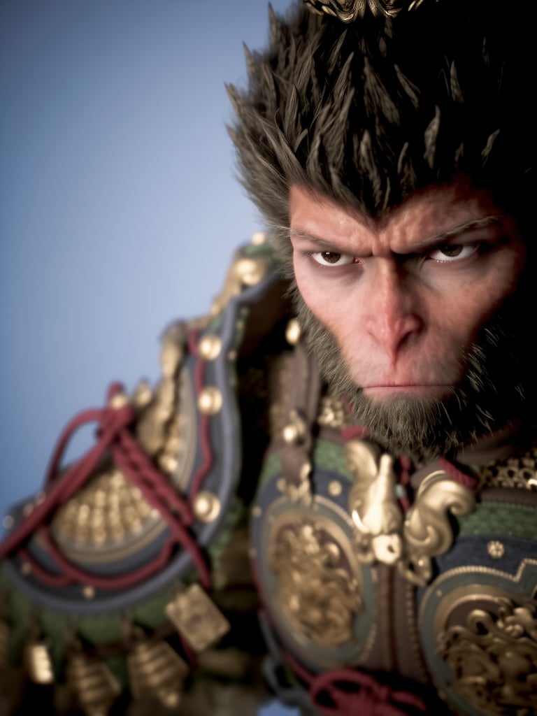 wukong, This image is a highly detailed CGI rendering of a humanoid monkey with a human-like face and a prominent, bushy mane of gray hair. The monkey's face is serious and stern, with a slightly furrowed brow and a focused, penetrating gaze. The monkey's skin is a light pinkish color, with a slightly rough texture, and its facial features are finely detailed, showing individual hairs and pores. The monkey is dressed in elaborate, ornate armor. The armor is primarily dark blue with intricate gold and green accents, including a large, ornate chest piece adorned with a golden emblem resembling a dragon or mythical creature. The chest piece is connected to a thick, red cord that hangs down the front, adding a touch of color contrast. The armor is also adorned with small, golden circular decorations and intricate patterns, giving it a regal and historical appearance.In the background, the sky is a muted, overcast gray, suggesting a stormy or twilight atmosphere <lora:wukong:1>