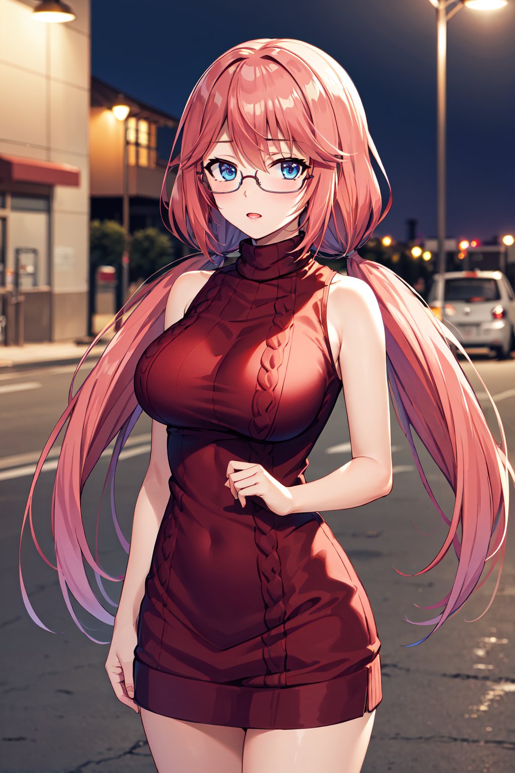 masterpiece, best quality, highres, 1girl, solo, long hair, pink hair, low twintails, blue eyes, glasses, large breasts, <lora:sakura_airi_v1:0.7>, ribbed sweater, sweater dress, sleeveless, turtleneck, night, street, standing, cowboy shot,