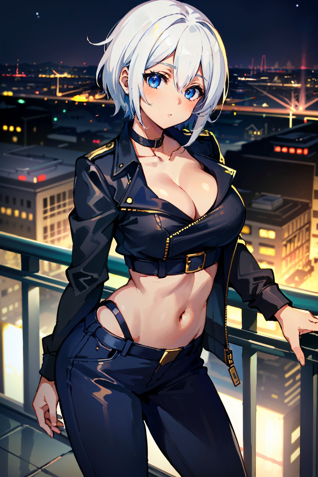 ((ultra detailed, masterpiece, absurdres))<lora:KOFAngel:0.9>KOFAngel, 1girl, white hair, blue eyes, overlooking the city from a rooftop bar at night, chic outfit, standing