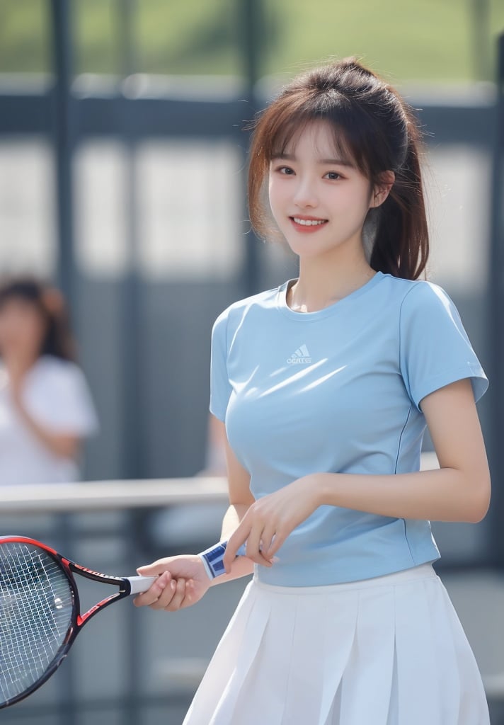 1girl,wangqiu,blue shirt,blurry , blurry background , lens flare , light rays , lips , looking at viewer, medium breast, short sleeves ,smile, solo , sportswear , standing , tennis court , uniform, white skirt , wind ,  <lora:粉嫩少女纯欲写真:0.89>