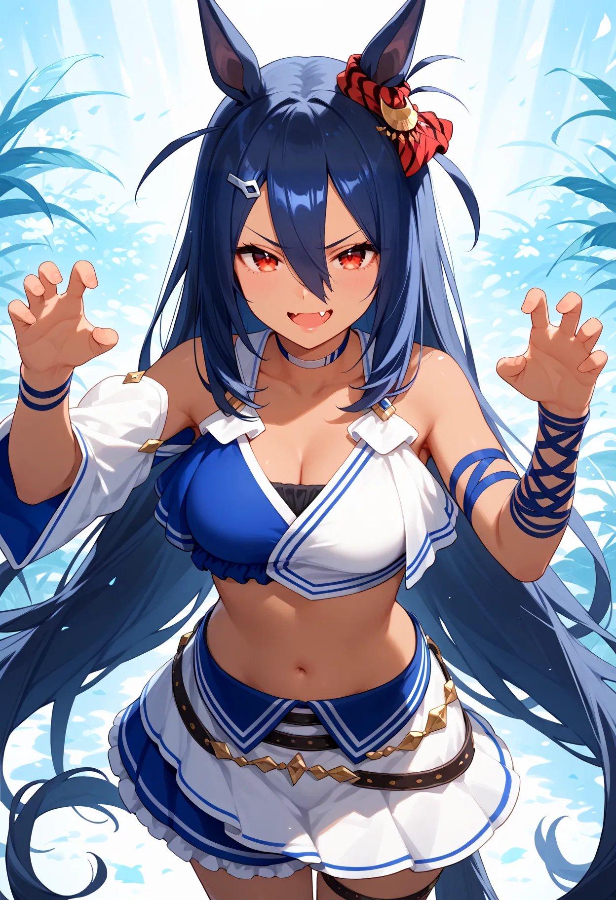 score_9, score_8_up, score_7_up, BREAK, best quality, masterpiece, very aesthetic, ultra detailed,very detailed background,BREAK,,zPDXL3,Hishiama_Race, 1girl, solo, bangs, hair ornament, navel, hair between eyes, very long hair, blue hair, hairclip, fang, midriff, dark skin, horse ears, horse tail,red eyes,crop top, choker,arm ribbons,Ribbon Arm Wraps, dark-skinned female,claw pose,smug, <lyco:Hishiama-ponyXL_locon:1>