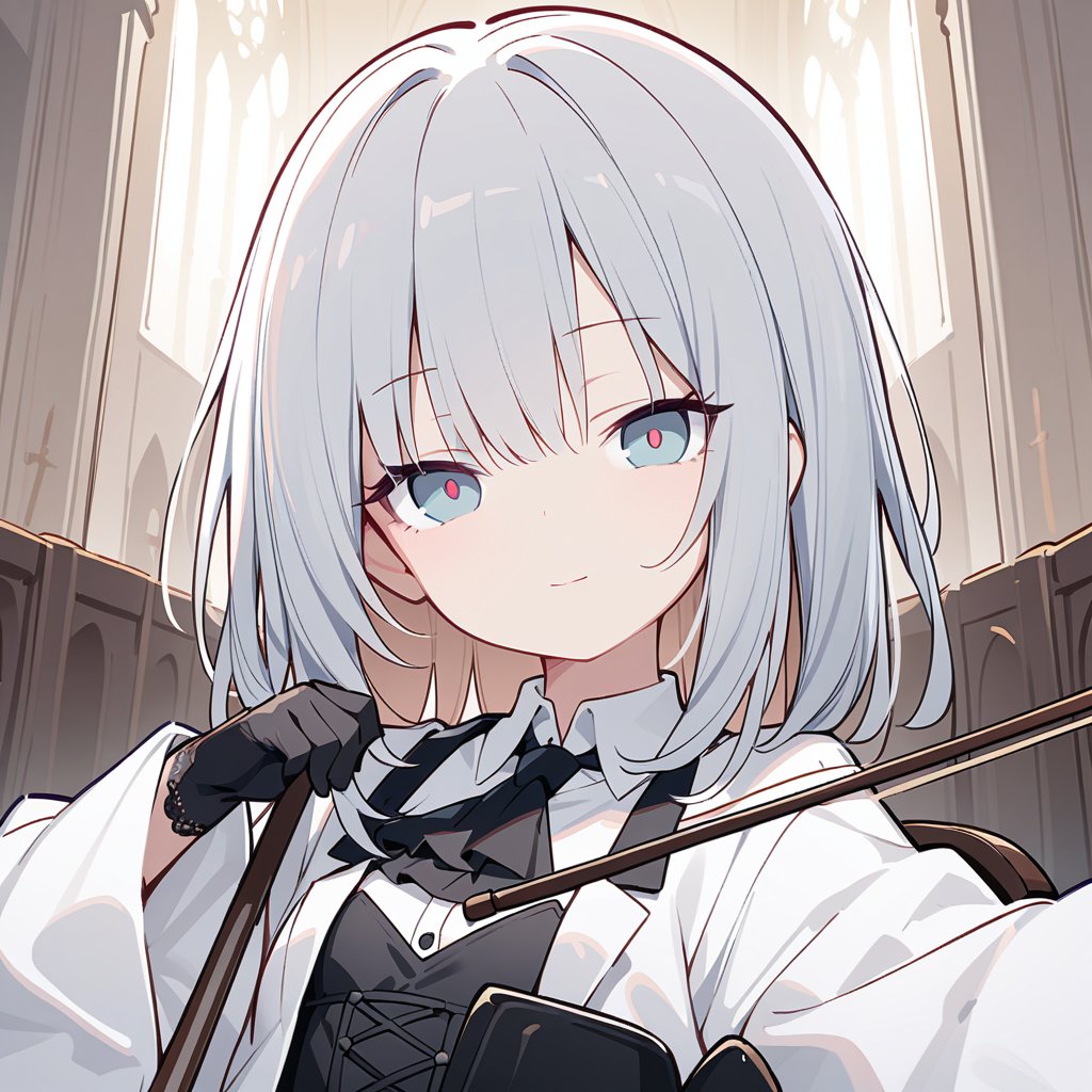 line art,line style,indoors,church,1girl,solo,small breasts,collared jacket,white jacket,wing collar,black ascot,black gloves,wide sleeves,short over long sleeves,dress shirt,sgrey shirt,lace-trim,black thighhighs,garter straps,seductive smile,half-closed eyes,looking at viewer,pov,close-up,cello,playing cello,masterpiece,bestquality,onnk,Q,