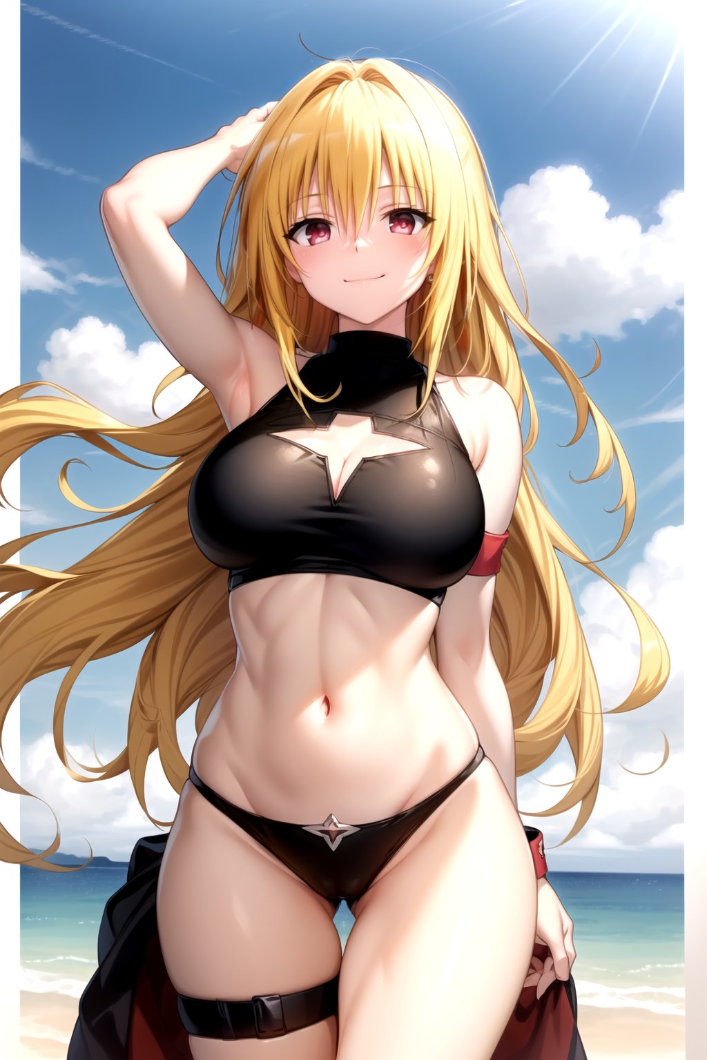 masterpiece, best quality, best aesthetic, (anime:1.2), yamibikini2, ultra detailed, 1girl, solo, (long hair, blonde hair:1.2), konjiki no yami, (large breasts:1.2), (black bikini:1.2), (sport bra, sport bra:1.2), (arm strap:1.2), cleavage cutout, (groin, navel:1.0), standing, gluteal fold, ass_visible_through_thighs, thigh gap, looking at the viewer, (smile, closed mouth:1.2), seducing, seductive, cowboy shot, outdoors, beach, (front view:1.2), arms_at_sides, arms_in_back<lora:EMS-179-EMS:0.200000>, <lora:EMS-260653-EMS:0.900000>