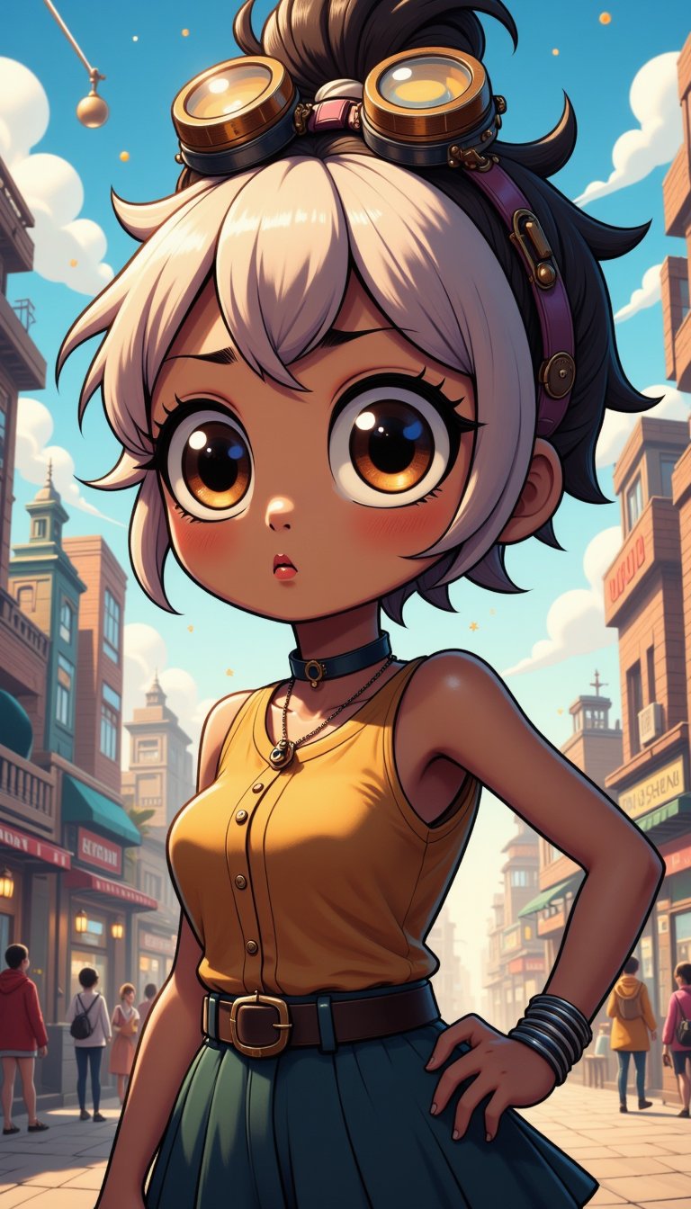 An anime picture of Portrait photography, African, middle-aged, woman, Medium hair, Updo hair, Faded afro, Pastel hair, Scrunchie, Double Eyelid eyes shape, Brown eyes, Goggles, Large lips, Orange lips, Circle face, Glam makeup, Anxious, Chubby body, Tilted head pose, Holding bag, Punk dress, High-key lighting, Glow, Golden hour, Sunny, ocean blue background, Cityscape background, Sony A7 III, Point of view shot, Tilted angle