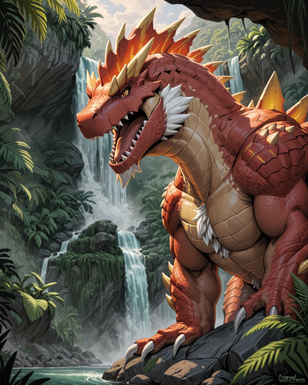 feral tyrantrum, claws, white neck tuft, open mouth, lead looking down, close-up, BREAK, by Grindavikbydaylight, by Greasymojo, by Junyois, detailed background, detailed foreground, depth of field, ambient silhouette, backlighting, jungle, waterfall, cloud, foggy, river, cliff, rock