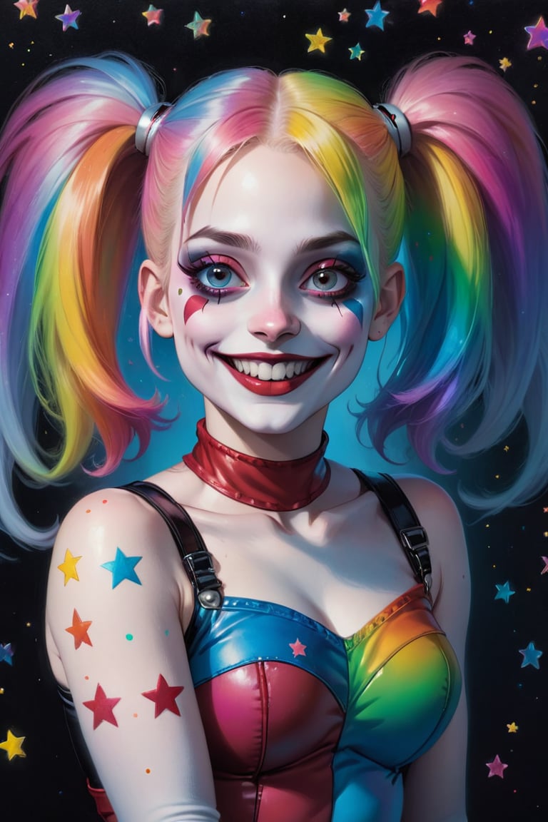 A full-body view, Gottfried Helnwein hyperrealistic painting, of a happy-looking, smiling Harley Quinn in neon and pastel colors, surrounded by rainbows and stars. Emotionally charged portrait. Dark/gothic renaissance inspired. Rainbowcore. Ultra close-up intensity, hyper detailed.