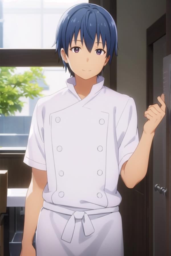 hiroomisouma, <lora:hiroomi souma s2-lora-nochekaiser:1>,hiroomi souma, (brown eyes:1.3), blue hair, male focus, smile,BREAK apron, buttons, waist apron, white pants, chef,BREAK indoors, restaurant,BREAK looking at viewer, (cowboy shot:1.5),BREAK <lyco:GoodHands-beta2:1>, (masterpiece:1.2), best quality, high resolution, unity 8k wallpaper, (illustration:0.8), (beautiful detailed eyes:1.6), extremely detailed face, perfect lighting, extremely detailed CG, (perfect hands, perfect anatomy),