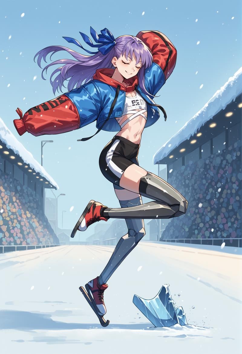 1girl, long hair, purple hair, blue eyes, flat chest, ribbon, cropped jacket, sports bra, long sleeves, sleeves past fingers, leggins, mechanical legs, outdoors, on one leg, light smile, ice, ice skate, snowing, closed eyes <lora:Meltryllis_XL:1>, score_9, score_8_up, score_7_up, score_6_up, score_5_up, score_4_up, BREAK source_anime, masterpiece