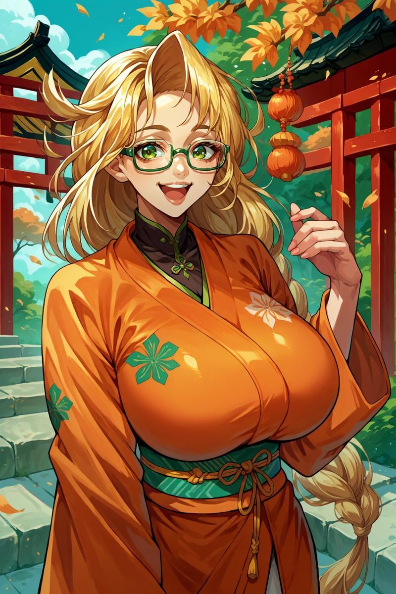 score_9, score_8_up, score_7_up, score_6_up, source_anime, 1girl, solo <lora:emilysimmons-pdxl-nvwls-v1-000005:1> esimmons, blonde hair, green eyes, braided ponytail, very long hair, glasses, orange kimono, huge breasts, looking at you, happy, open mouth, japanese architecture