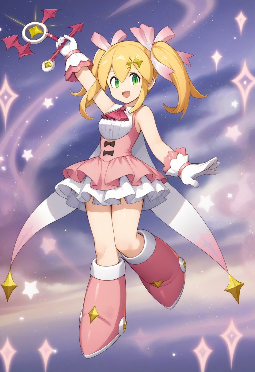 score_9,score_8_up,score_7_up,source_anime, Roll (Halloween),1girl,solo,looking at viewer,smile,open mouth,skirt,gloves,dress,holding,full body,:d,boots,sleeveless,white gloves,star \(symbol\),arm up,side ponytail,magical girl,knee boots,pink dress,wand,pink footwear,holding wand,