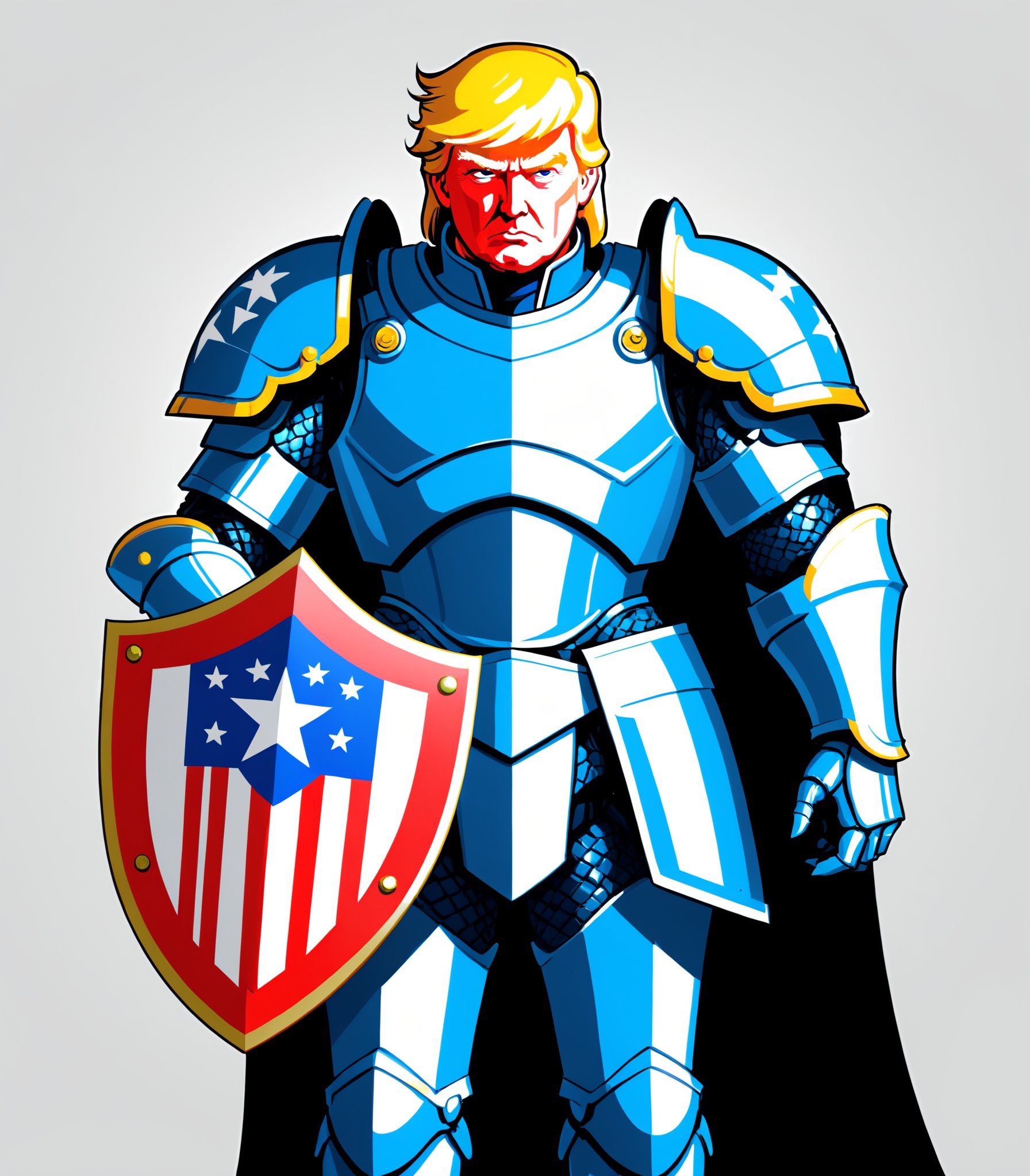 Image type of illustration:Create an illustration of a fully armored Donald Trump, wearing a futuristic suit of armor with the American flag design, standing confidently with a shield in one hand and a sword in the other, ready to defend against any threat.