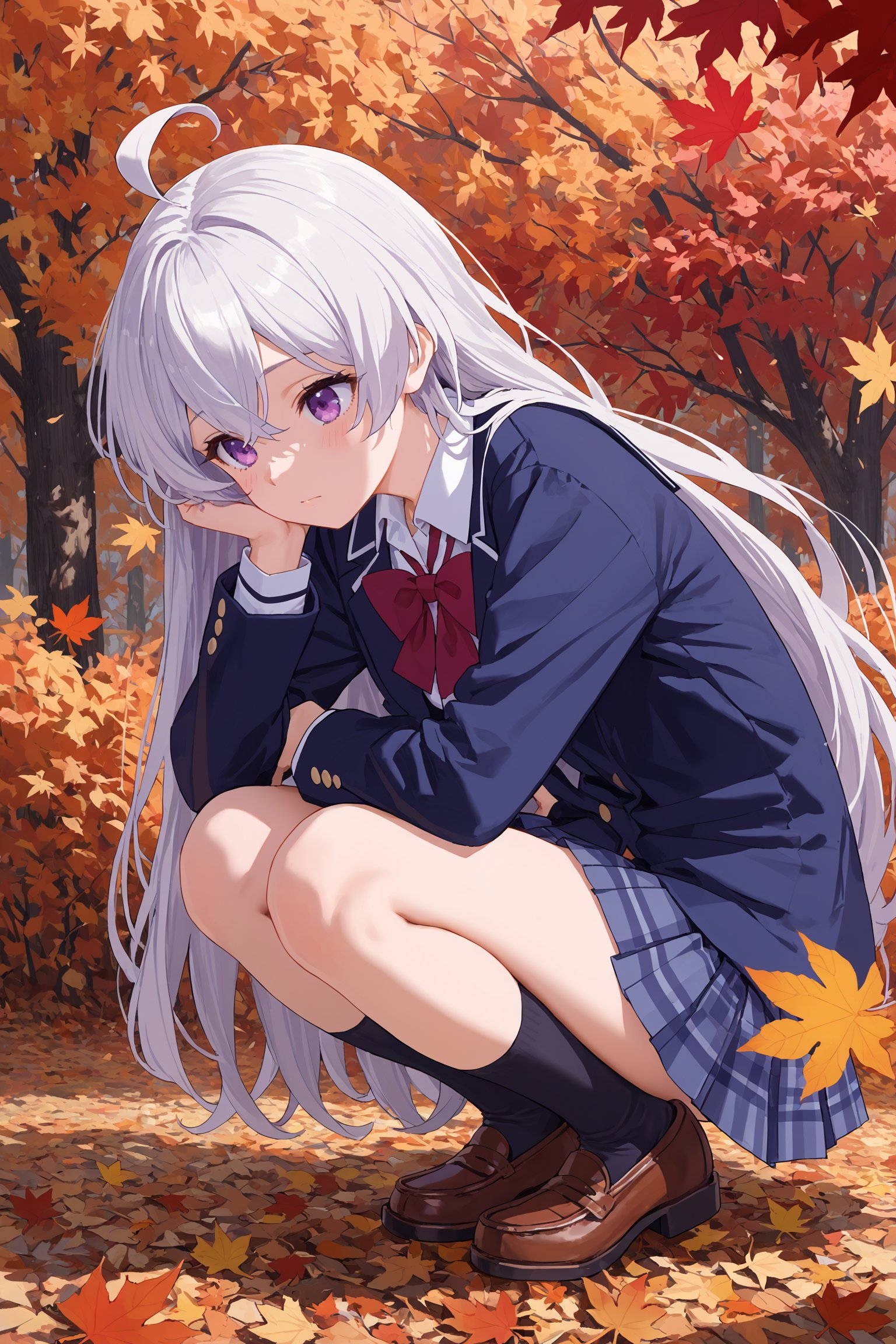 elaina \(majo no tabitabi\),purple eyes,grey hair,white hair,long hair,ahoge,1girl,solo,fallen leaves,squatting,autumn,school uniformscore_9,score_8_up,score_7_up,source_anime,