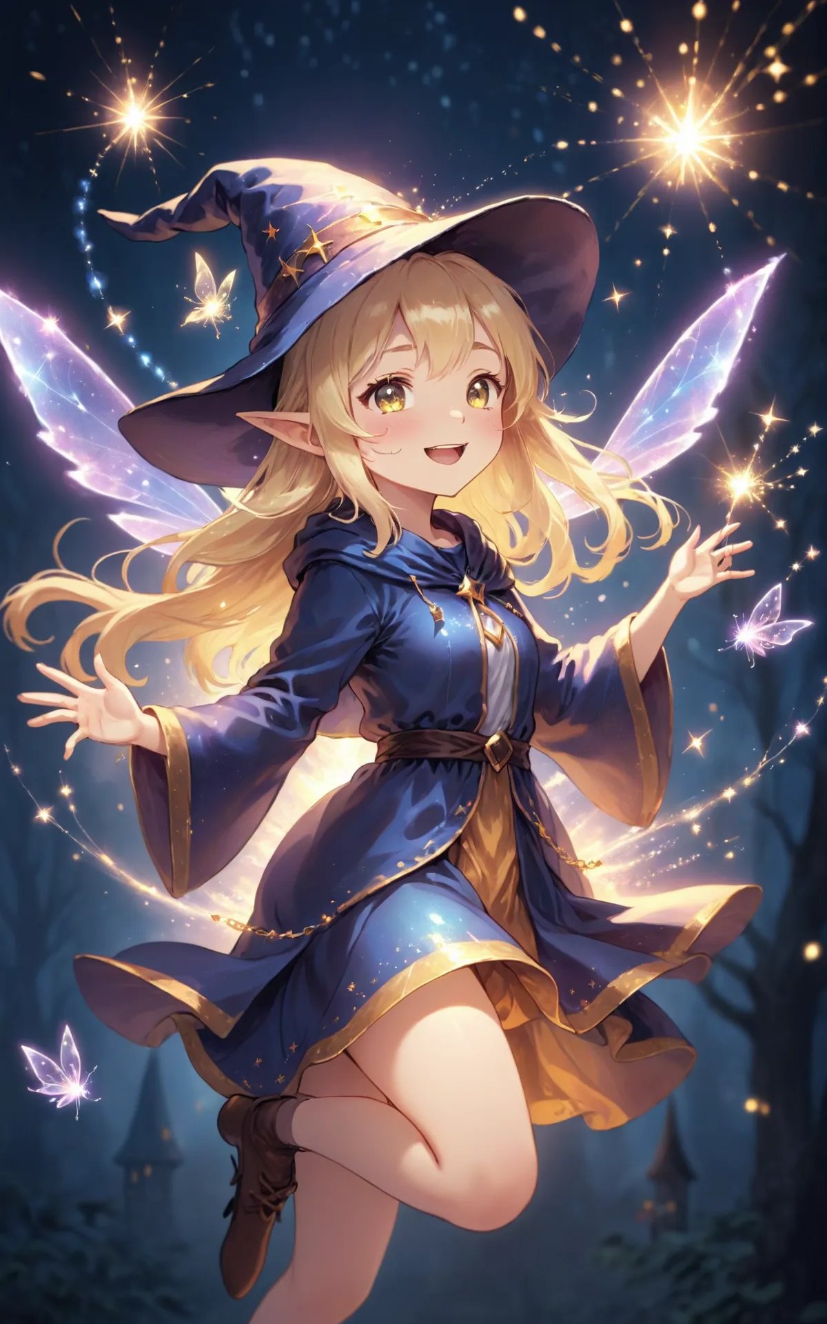 highres,best quality,fullbody,blonde straight hair sorceress cheerful girl wearing a wizard hat,Little sparkling fairies fly around her, emitting subtle particles of light.It is a fantastic sight surrounded by light.