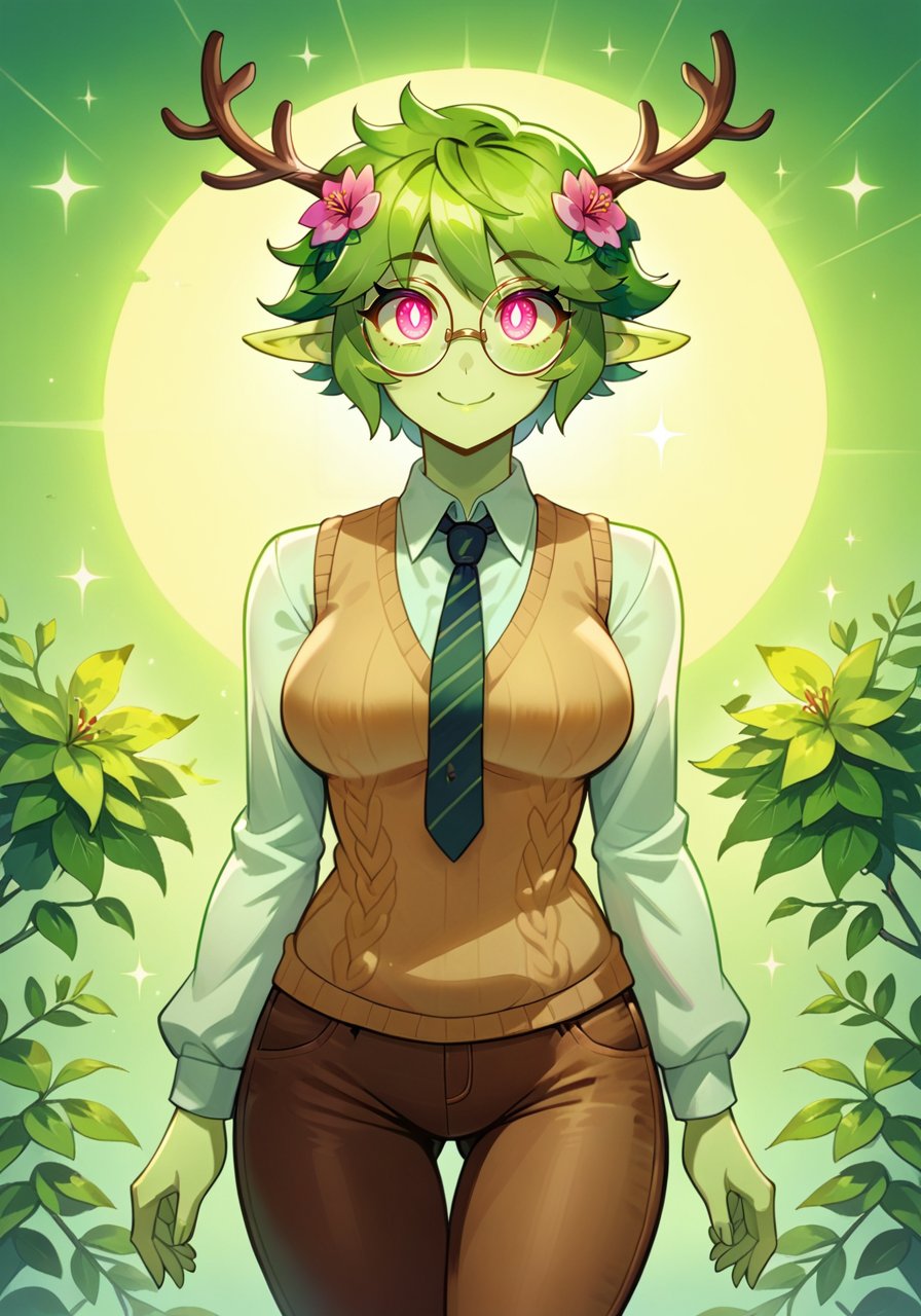 score_9, score_8_up, score_7_up, score_6_up, high quality, masterpiece, 8k, highres, detailed, (Ilya Kuvshinov), masterpiece, antlers, plant hair, pale green skin, (dryad), woman, cowboy shot, thigh up, bob cut, solo, (hair flower), (adorable), glowing_eyes, sweater vest, tie, brown pants, pink eyes, pointy ears, green ears, round glasses, solo, smiling, [long sleeves], tomboy, cute face, tsurime eyes, big eyes, small nose, medium breasts, facing viewer, standing, (beautiful face)