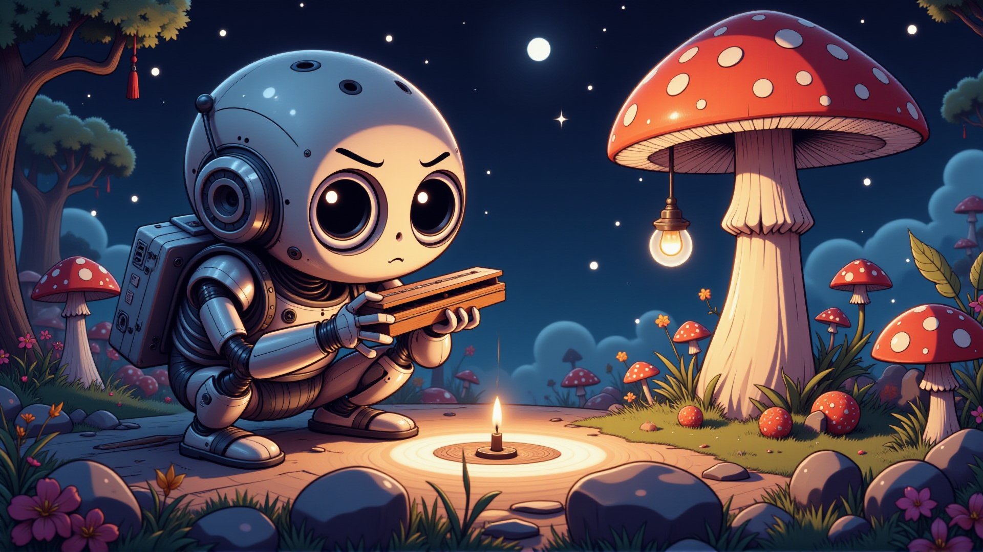 A cyborg squatting beside a glowing mushroom to tune his harmonica.