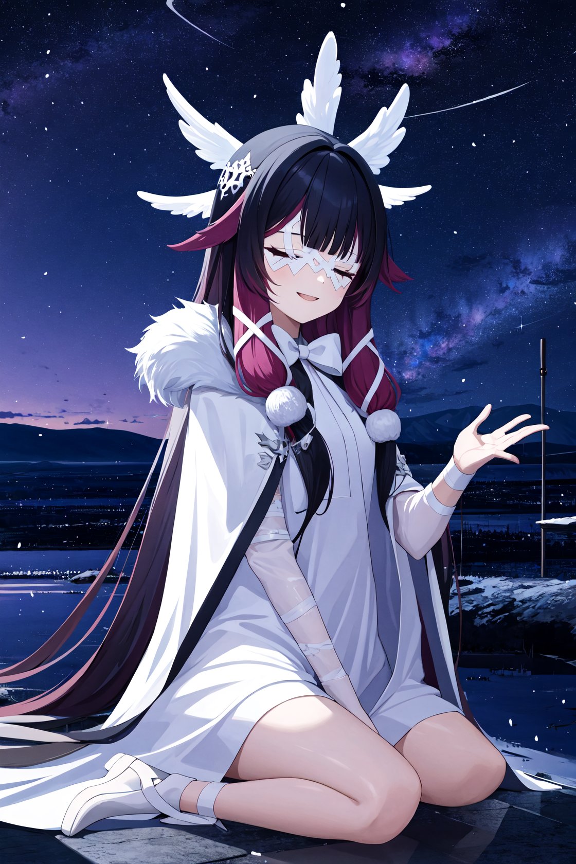 <lora:少女v2-000007:1>,shaonv,1girl,solo,white mask,head wings,fur-trimmed coat,smile,white coat,white bow,white dress,white ribbon,aurora,city lights,cloud,crescent moon,fireflies,horizon,light particles,milky way,moon,night,night sky,shore,sitting,sky,skyline,snowing,space,star \(sky\),starry background,starry sky,twilight,water,, (masterpiece,best quality,high quality:1.2),absurdres,