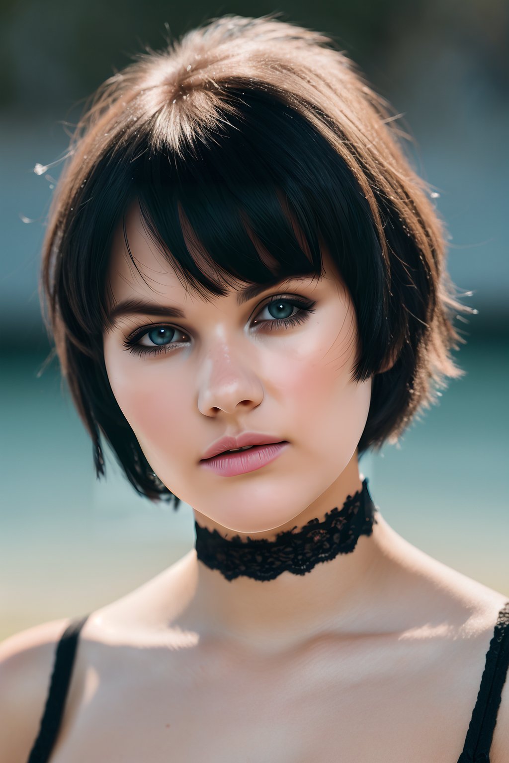 head and shoulder shot, a portrait of a beauty wo_melclarke03, black short hair with bangs, lace choker, (aqua eyes:0.5), nude, detailed skin,(high detailed:1.2), 8k, uhd, dslr, soft lighting, high quality, film grain, Fujifilm XT3, <lora:woMelClarke03:0.85>