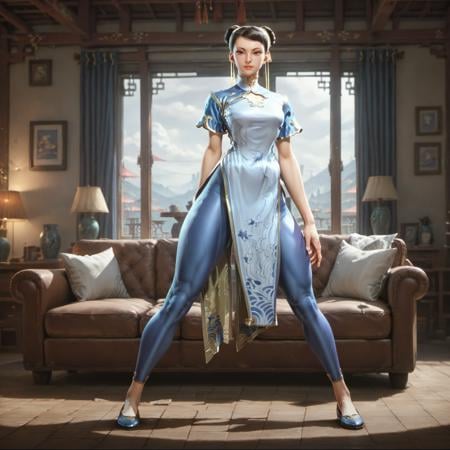 score_9, score_8_up, score_7_up,score_6_up, score_5_up,  1girl, blue qipao blue leggings,double bun, hair ribbon, living room with sunshine shot through the window,  <lora:ponychunliv3:0.9>