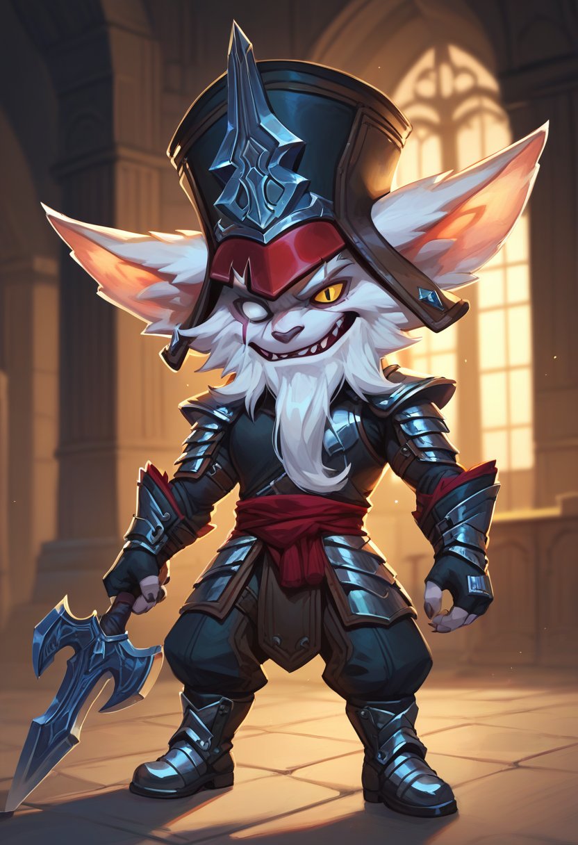 score_9, score_8_up, score_7_up, score_6_up, kl3d, 1boy, yordle, male focus, yellow eyes, white eye,scar across eye, one-eyed, facial hair, beard,  hat, black headwear, ears through headwear, armor, gloves, fingerless gloves, pants, boots , <lora:Kled_Default_v1:0.7>, castle, indoors