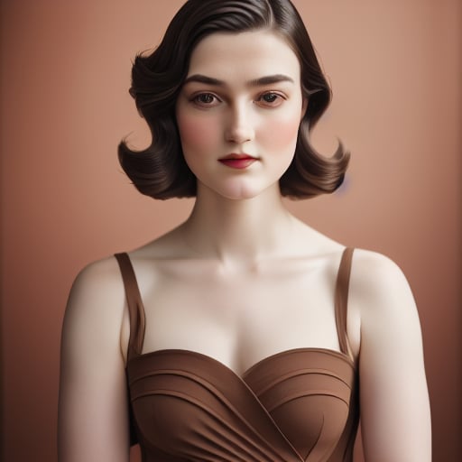 Against the plain, terracotta backdrop of an Art Deco design, a charismatic individual poses waist-up, their dark brown hair styled with subtle texture and eyes locking onto the camera lens with unbridled confidence. The soft, warm glow illuminates them highlighting delicate features and accentuating their figure.