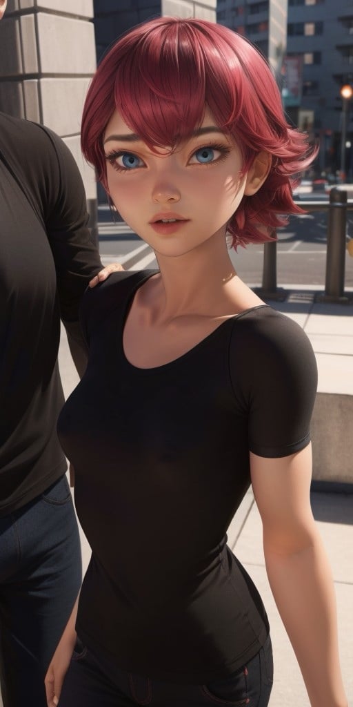 Hyperrealistic, photorealistic, highly detailed, body like in real life, perfect face, black T-shirt, black trousers, expressive brilliant cerulean eyes, short hight, red hair, fifteen years old, very little very flat breasts, octane render, unreal engine, highly detailed photorealistic background, droped shadow, bokeh, cinematic lighting, unreal engine, octane render, <lora:add_detail:0.5>, <lora:Volumetric_lighting:0.6>, Kubdel, Alix, , <lora:b5a1a206-402a-4cd9-b015-27a99c92ff02:0.7>