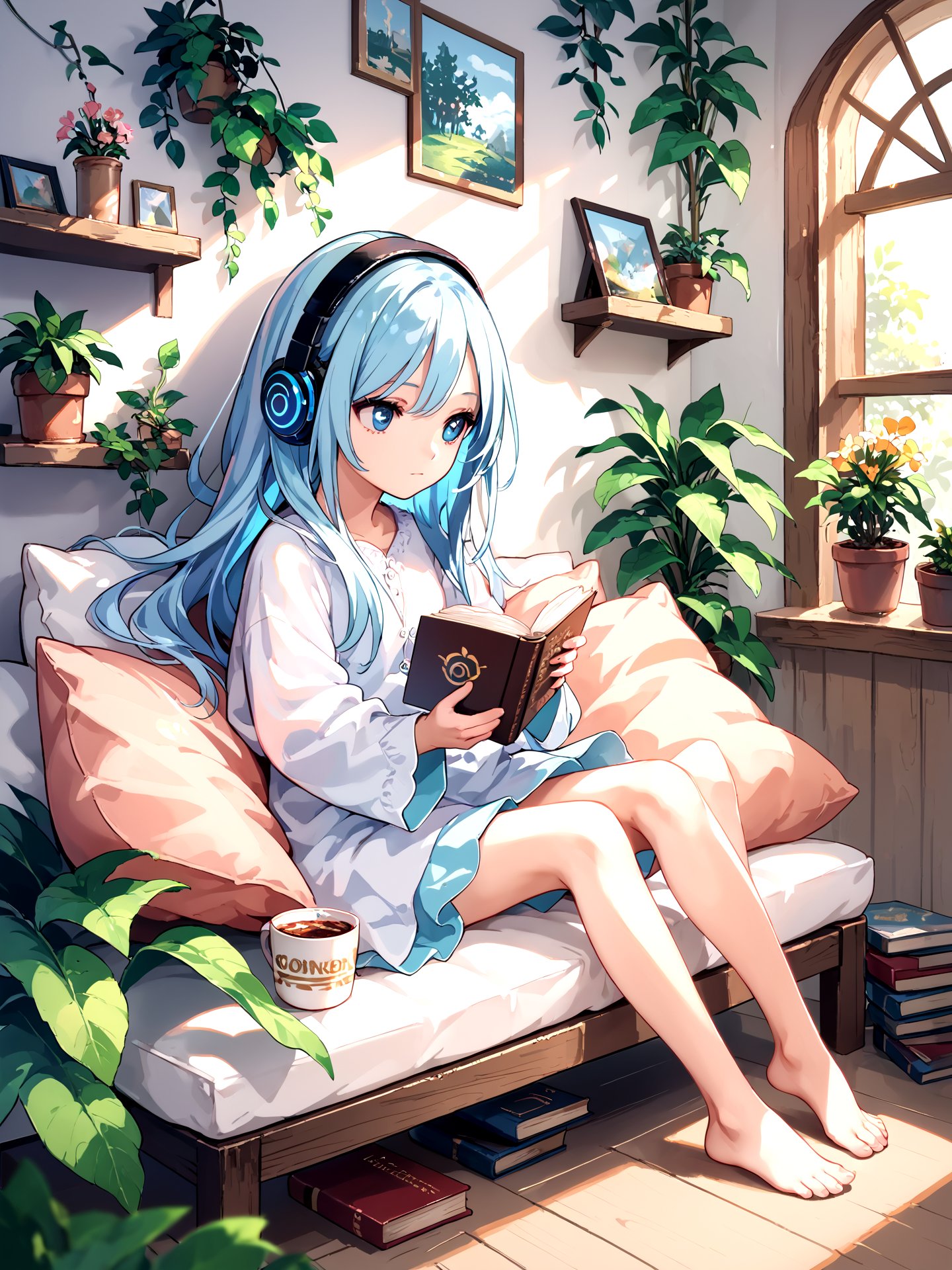 score_9,score_8_up,score_7_up,score_6_up,extremely delicate and beautiful,depth of field,amazing,masterpiece,growth,visual impact,ultra-detailed,1girl,long_hair,window,book,pillow,barefoot,solo,plant,very_long_hair,indoors,potted_plant,headphones,cup,gorgeous,fantasism,nature,refined rendering,original,contour deepening,high-key and low-variance brightness scale,soft light,light and dark interlaced,