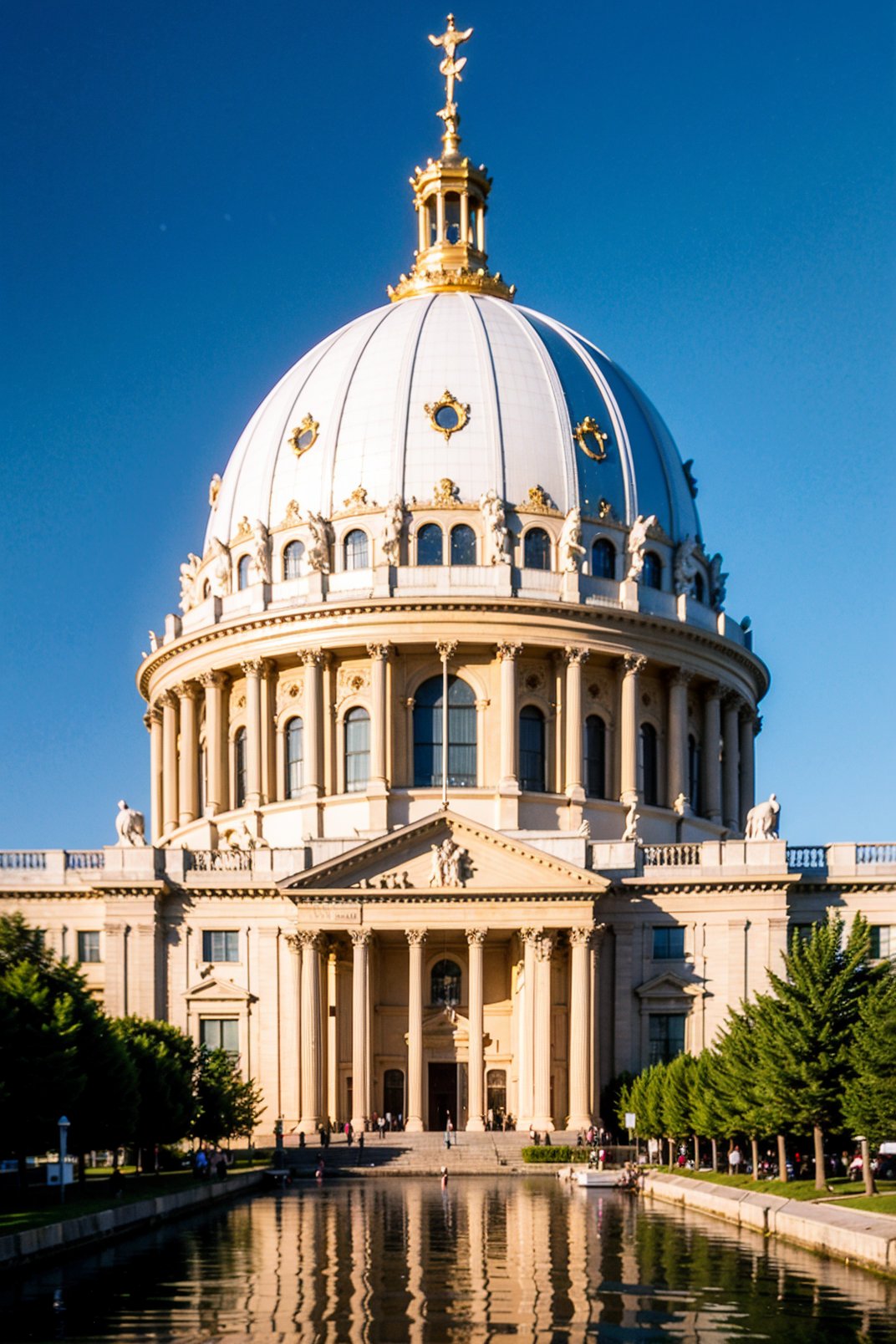 UIAXD5.0,qiongding,araffature of a large white building with a green dome,austrian architecture,baroque architecture,viennese actionism,white marble buildings,vienna city,neo classical architecture,neoclassical architecture,neoclassical tower with dome,on a great neoclassical square,white church background,hyper realistic reflections,baroque symmetry,neoclassical style,munich,black domes and spires,vienna secession,austria,detailed reflections,reflecting pool,vienna secesion style,vienna,detailed classical architecture,neoclassical,city reflection,speilbergian lighting,german renaissance architecture,neo - classical style,sharp detailed reflections,neo-classicism,ray tracing reflections,asymmetrical spires,full of reflections,<lora:UIAXD5.0puls:0.7>,