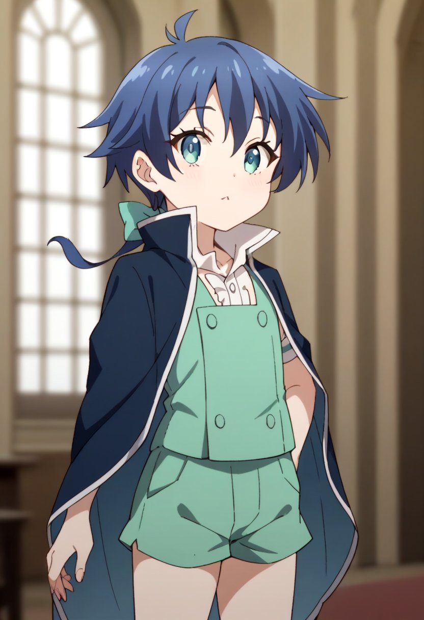 score_9, score_8_up, score_7_up, score_6_up, score_5_up, score_4_up, source_anime,  BREAK <lora:lloyd-pony_epoch_18:0.7>one small boy,lloyd ,vest, green shorts ,blurry,dark blue cloak,looking at viewer,male, male focus,  blue hair,inside, corridors, petite, vivid colors, petite, cute, young,masterpiece, high quality, very_high_resolution, large_filesize, full color,