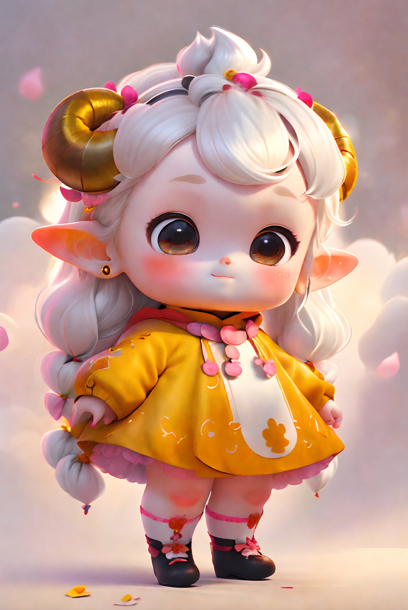 1girl, solo, long hair, white hair, horns, pointy ears, looking at viewer, upper body, crescent, jewelry, grey eyes, pink nails baby face, child baby face, child fullbody,chibi, 