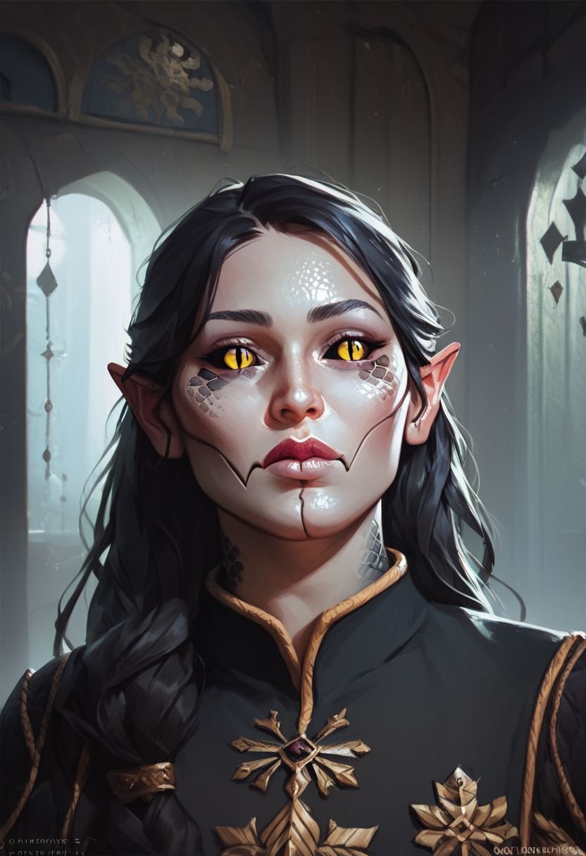 score_9, score_8_up, 8, score_7_up, score_6_up, ((masterpiece)), solo, portrait,gwentstyle,Yuan-ti, black sclera, slit pupils, scales, pointed ears, 1girl, grey skin, black scales, yellow eyes, black shirt, deep neckline,cabinet scenery, dark background,