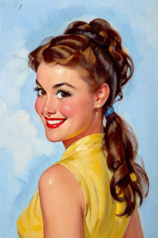 <lora:pinup_girls_v1.0:0.8> woman posing for a picture, smiling, ponytail