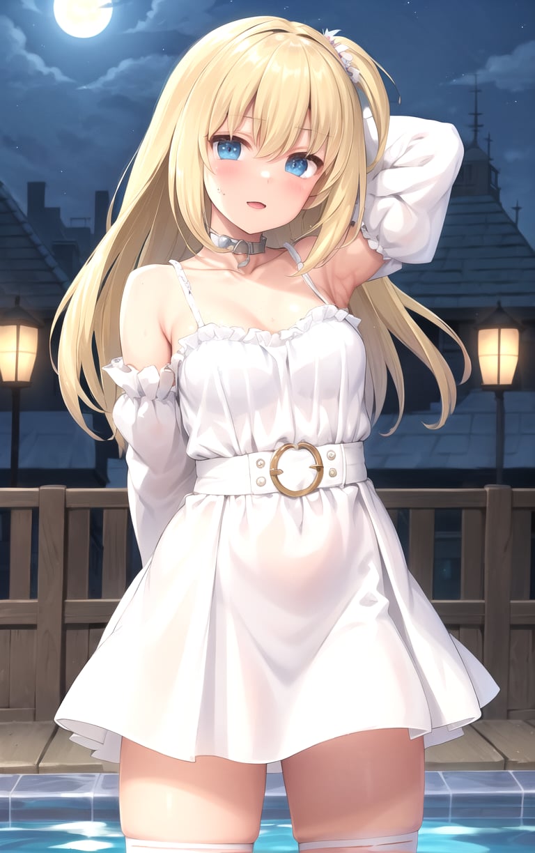 (masterpiece, best quality:1.4), insaneres, absurdres, solo, looking at viewer,BREAK FAP_ARTSTYLE_sasaame_ra_ownwaifu,1girl, armlet, bangs, bare shoulders, blonde hair, collarbone, frills, hair between eyes,  skirt, thighs, white jacket, wide sleeves, yellow thighhighs(contrapposto, arms behind head), neon_lights, cityscape, night, pool, full moon, outdoors, <lora:FAP_ARTSTYLE_sasaame_ra_ownwaifu:0.9> , depth of field 