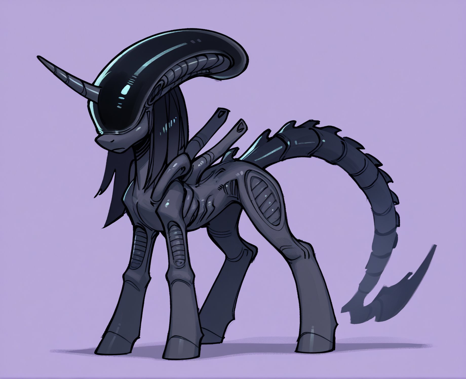 score_9, score_8_up, score_7_up, score_6_up, score_5_up, score_4_up, source_pony, source_cartoon, gjem, fan character, alien, equid, (equine, horse, hybrid:1.2), taur, mammal, mythological creature, mythological equine, (pony, unicorn, xenomorph:1.2), female, long hair, looking at viewer, purple background, simple background, solo, alien \(franchise\), hasbro, (my little pony:1.3), mythology, crossover, black skin, black body, eyeless, noseless<lora:xenomorph_pdxl:1>