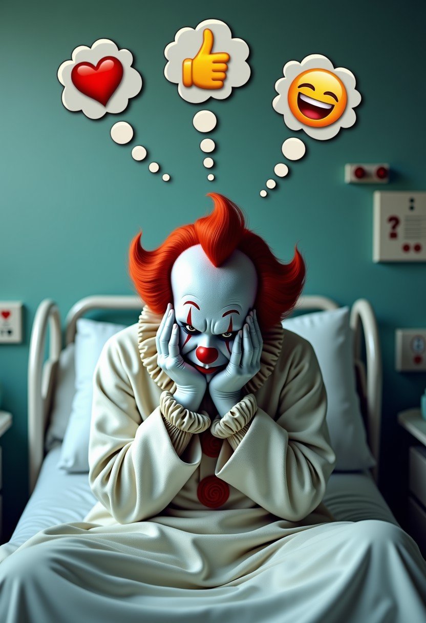 A depressed, sad, run-down, scary clown wearing a white bathrobe is sitting on a bed in a hospital room. He is leaning forward with his hands covering his face.The image looks photorealistic with great attention to detail. At the top of the image are 3 thought bubbles coming from the clown: one has a heart emoji, a thumbs up emoji, or a laughing emoji