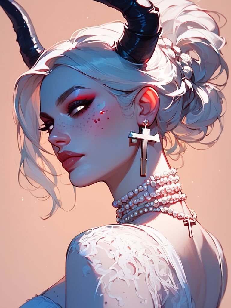 score_9, score_8_up, score_7_up, score_6_up, score_9, score_8_up, score_7_up, score_6_up, BREAK,1girl, pale skin, freckles, white eyes, white hair, black horns, demon horns, looking back, from side, looking at viewer, looking at viewer, jewelry, white dress, lace trim, pearl necklace, pearl earrings, colored eyelashes, black_makeup, makeup, hair up, close-up, portrait, cross tattoo, cross earrings, facial tattoo, <lora:xl_more_art-full_v1:0.25>, <lora:Stylized_Galactic:1>,