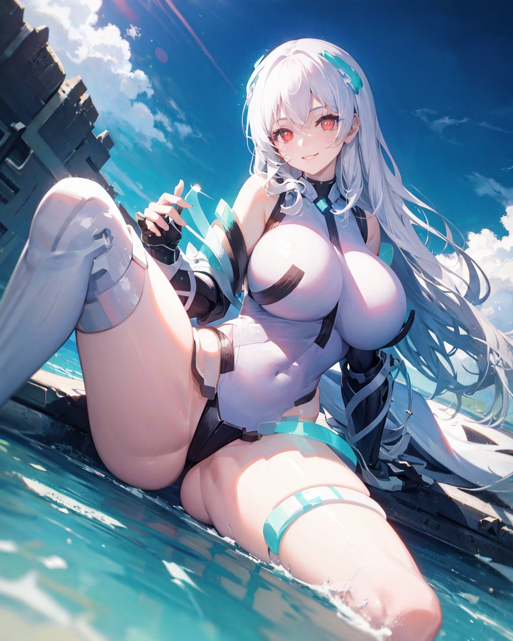 1girl,solo, light smile,huge breasts, deva battle suit, <lora:DevaBattleSuitV1:1>,very long hair,outdoors,white_hair,long hair,red_eyes,spread legs, heart-shaped pupils, light smile, 